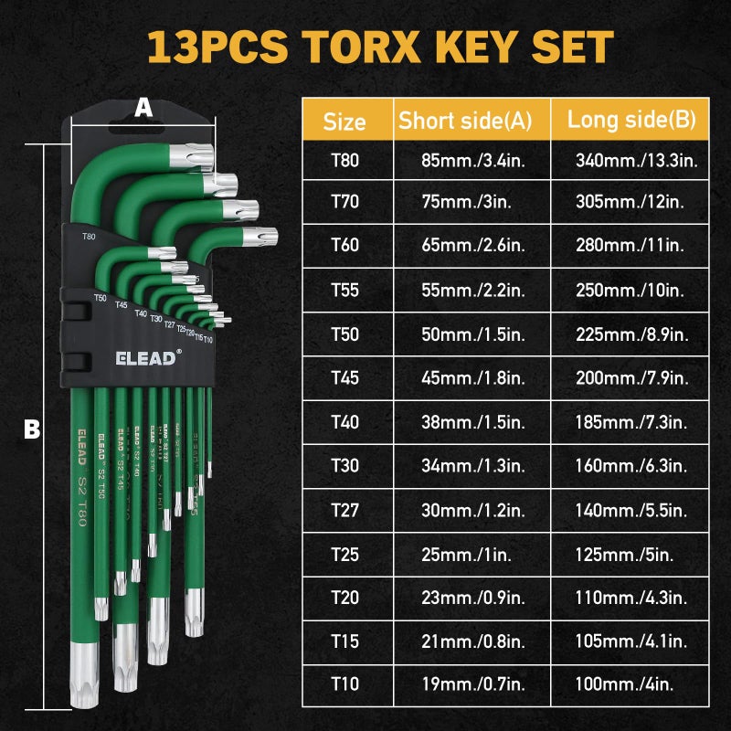 ELEAD Jumbo Torx Key Wrench Set | 13-Piece Durable S2 Star Keys | L-Shaped Long Arm Design | Sizes T10 to T80 | Automotive | Mechanic | Furniture | Professional Grade Tools - Image 3